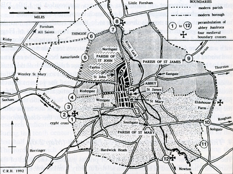 The boundary of King Edmund's grant, later called the banleuca. Map by Cyril Hart 'The Danelaw' 1992