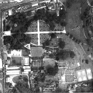 Aerial view of the Abbey grounds with modern planting.
