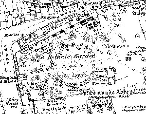 OS map of c1884 showing the Abbey grounds with concentric circle beds, and enclosures.