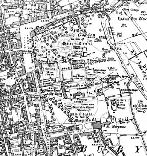 OS map of 1904 showing the Abbey grounds with concentric circle beds, and enclosures.