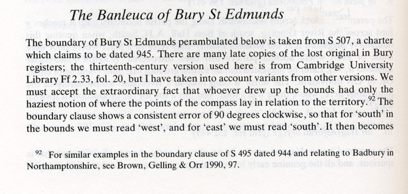 The boundaries of King Edmund's grant, later called the banleuca. Text by Cyril Hart 'The Danelaw' 1992