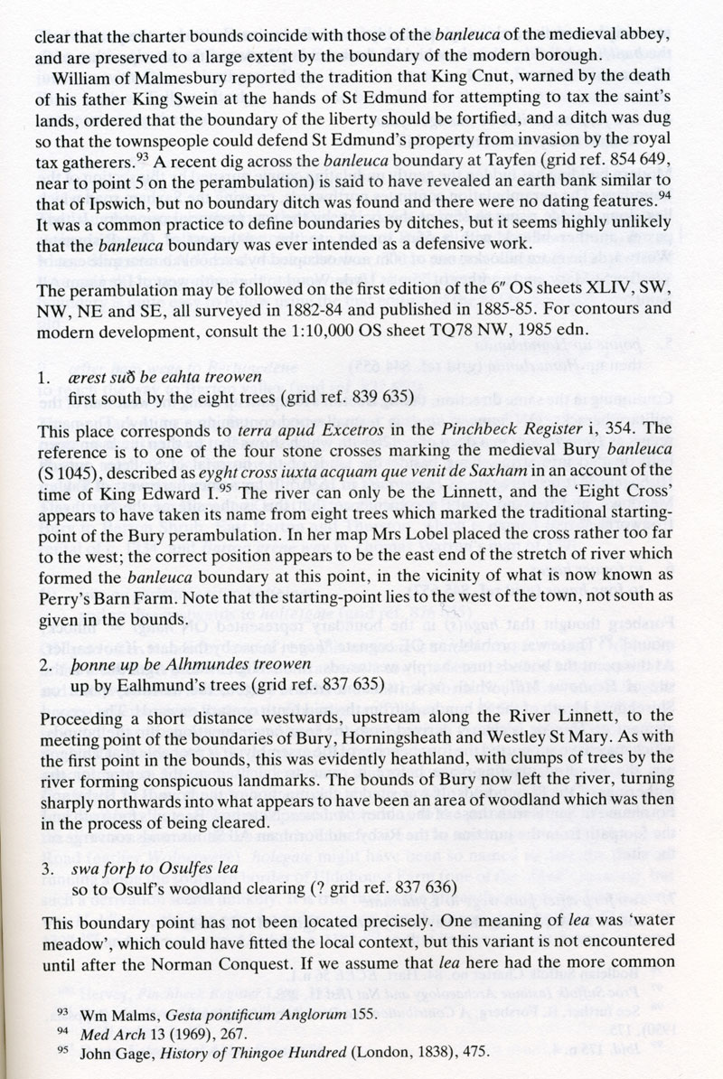 The boundaries of King Edmund's grant, later called the banleuca. Text by Cyril Hart 'The Danelaw' 1992